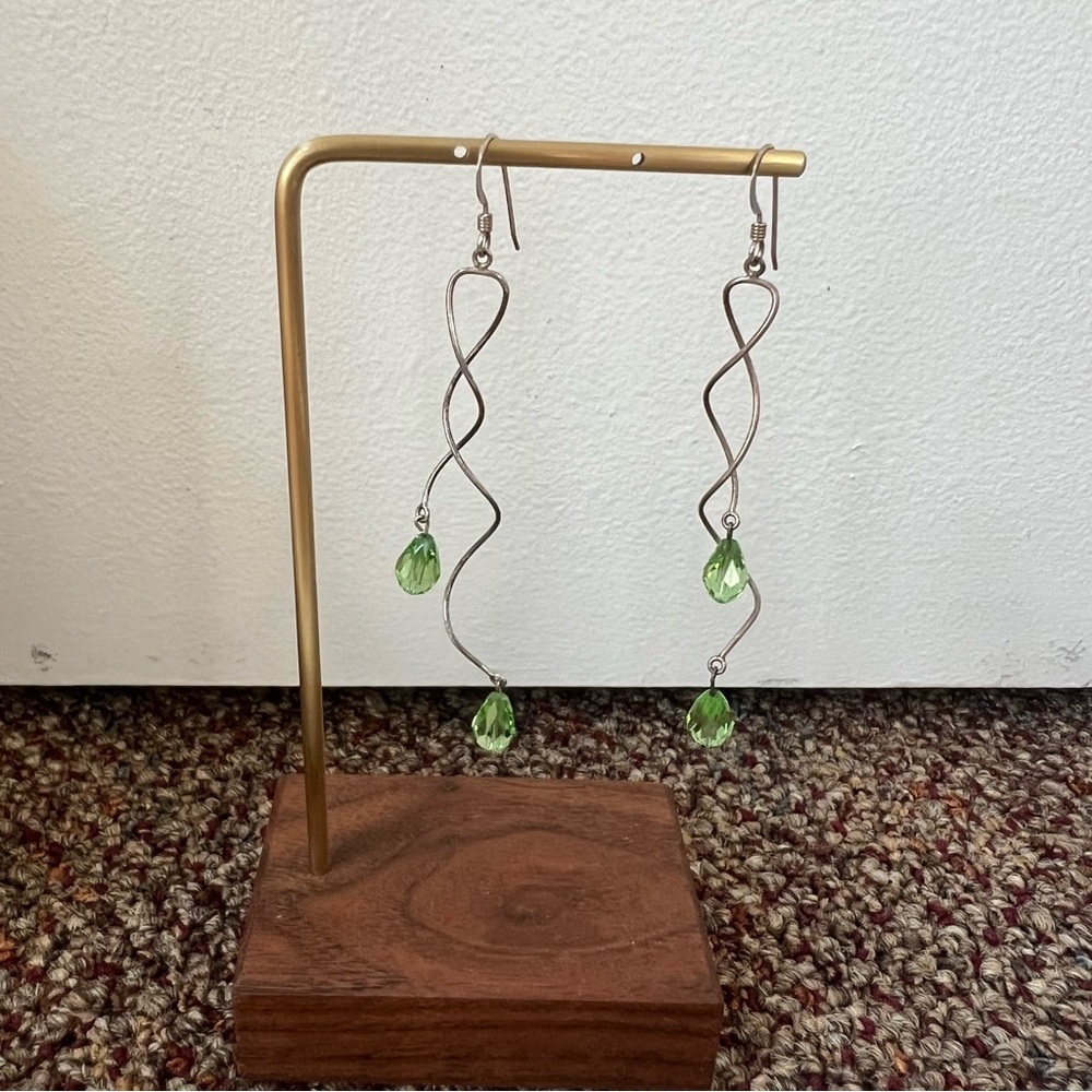 Silver tone swirl DNA green crystal dangle drop long earrings lightweight